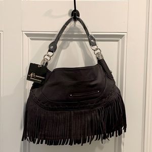 New B Makowsky Large Purple Fringe Boho Chic Leather Bag